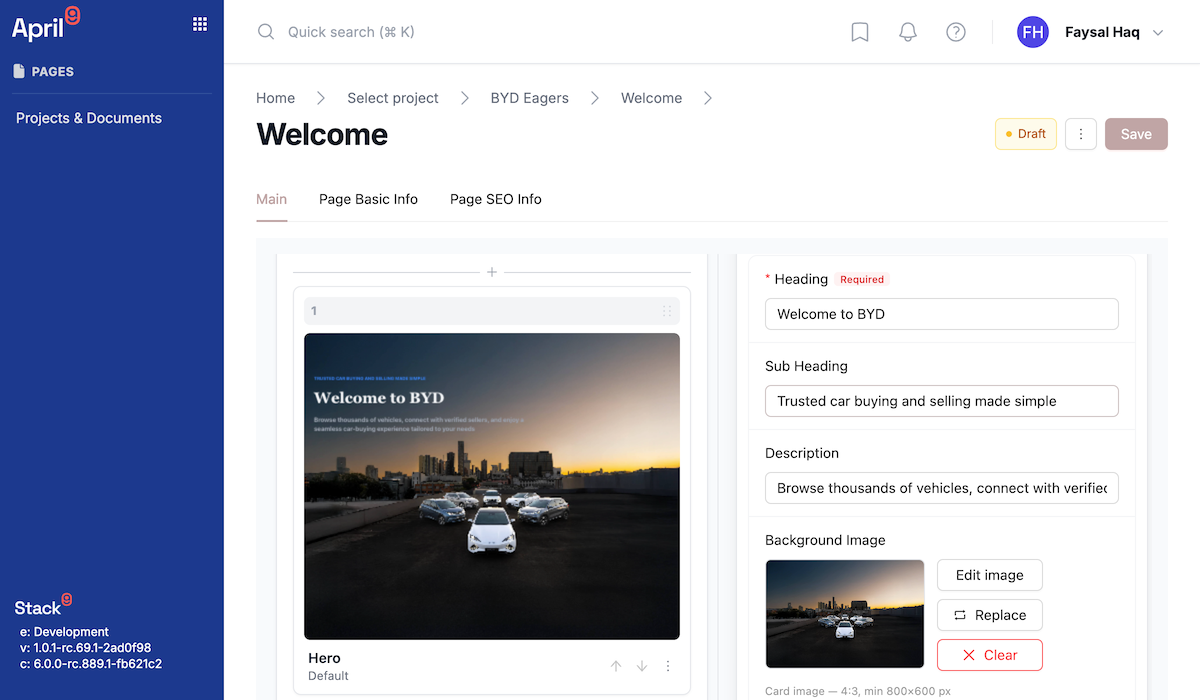 Pages document editor with the Slice sidebar showing live thumbnails on the left, the field form in the middle, and the composed live preview canvas rendering through the consumer app on the right