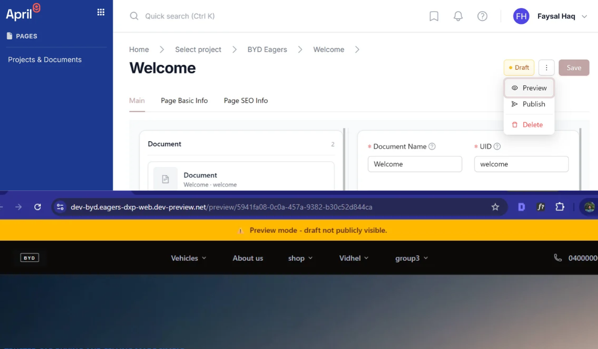 Pages document editor toolbar with the Preview page button highlighted and a new browser tab opening the tokenised snapshot URL