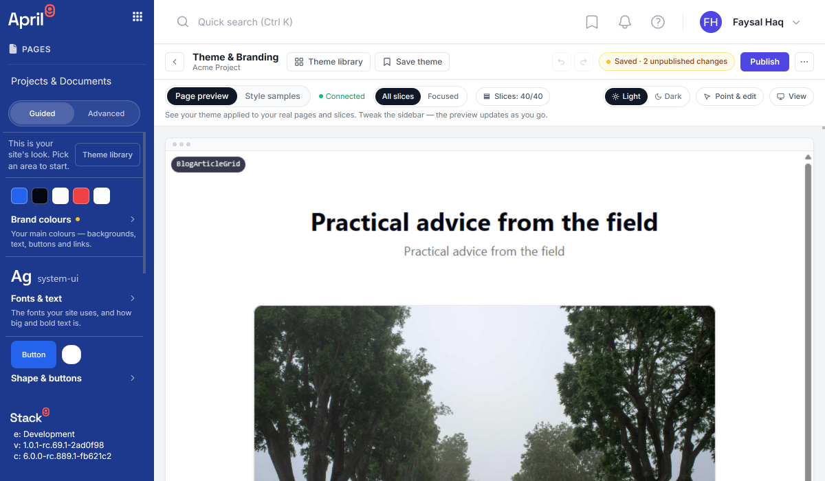 Pages theme configurator with a live page preview rendered through the consumer app, device width selector, and light and dark side-by-side comparison