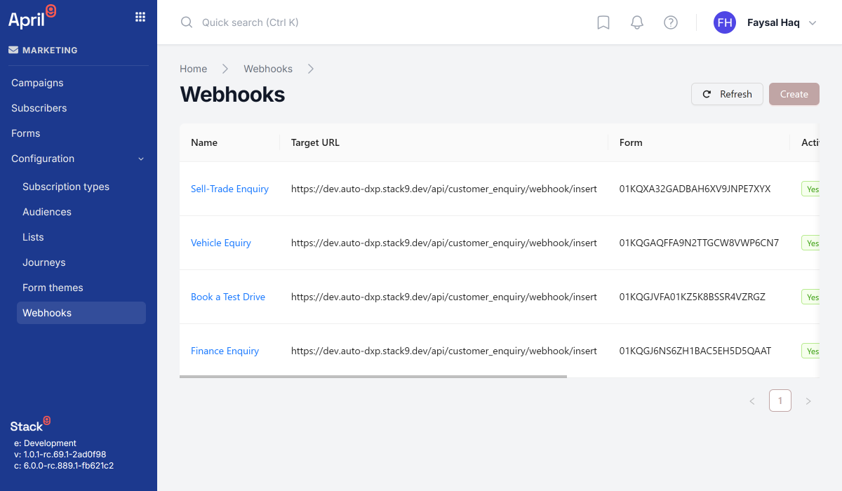 DXP Webhooks list screen showing registered webhooks with name, form, target URL, active toggle and last attempt status columns