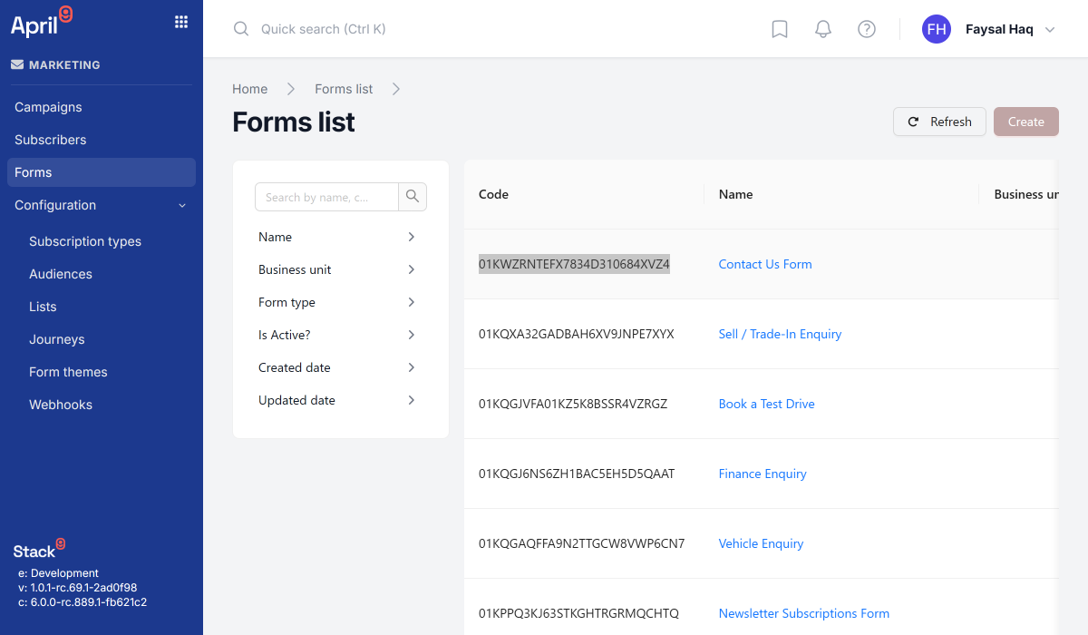 DXP back office Forms list screen with the Form Code column highlighted for the Contact Us form
