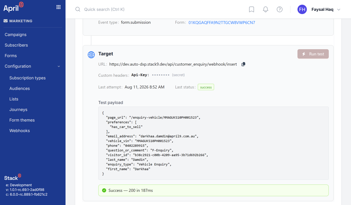 DXP webhook detail screen test panel showing the test payload JSON and a success result reading 200 in 187ms