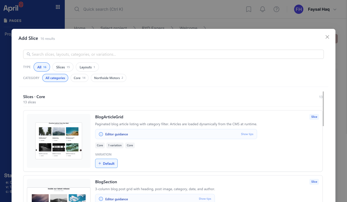 Pages Slice picker with the origin facet visible, showing Core and Bespoke pills and a mix of Core Slices and Business Unit Forks in the results