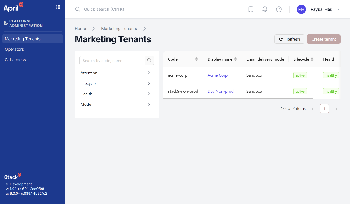 Platform administration screen listing the Business Units of a Marketing Tenant, showing slug, name, default flag and lifecycle status columns