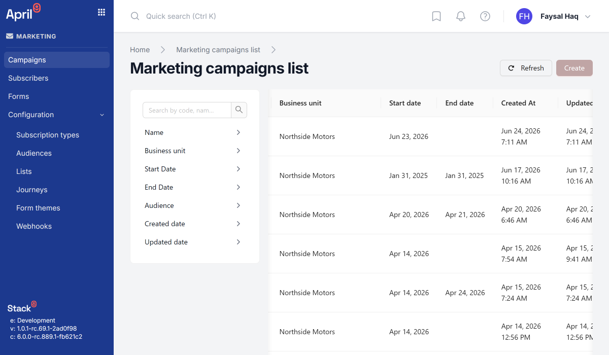 Campaigns list screen showing a Business Unit column with only Northside Motors rows visible while Northside is the Active Business Unit