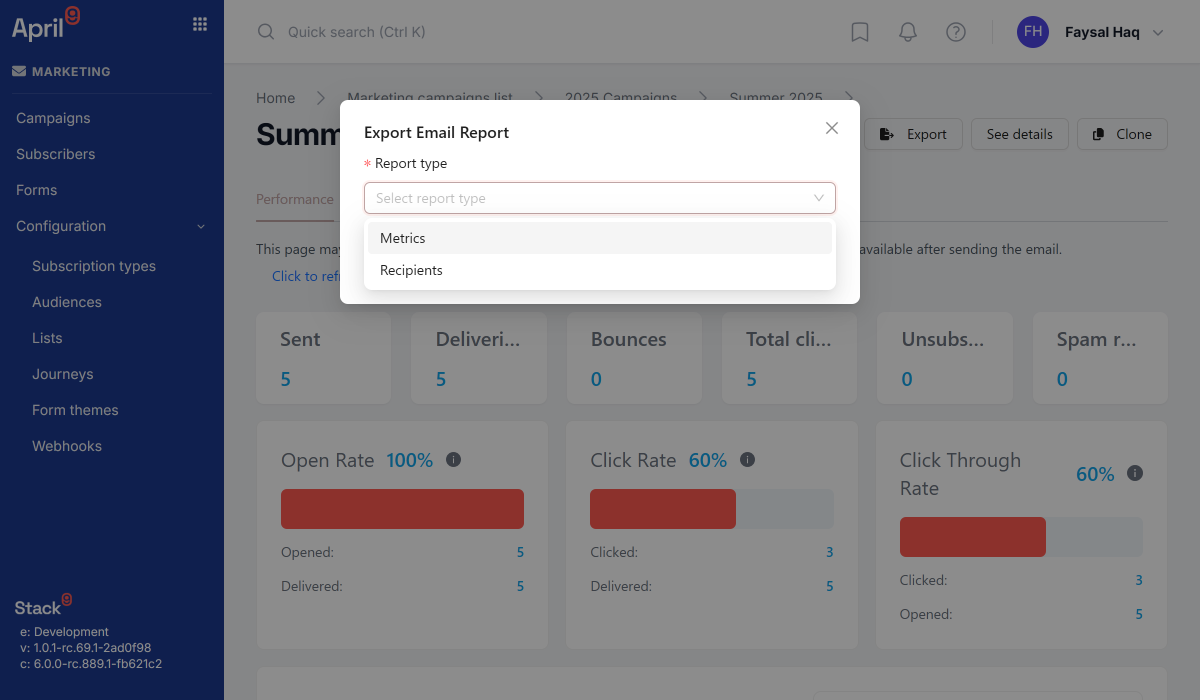 Stack9 reports export screen showing report type selection, filter fields, and a receiver email input