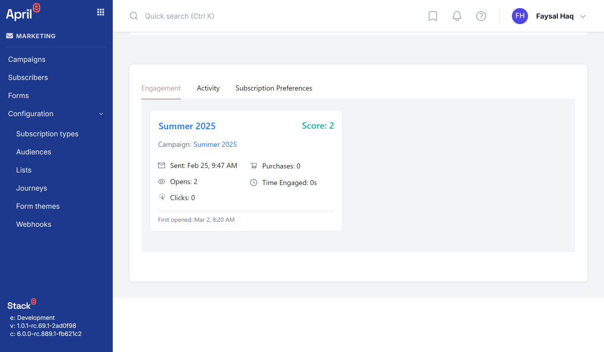 Stack9 subscriber analytics view showing engagement score, lifecycle stage, and interaction history