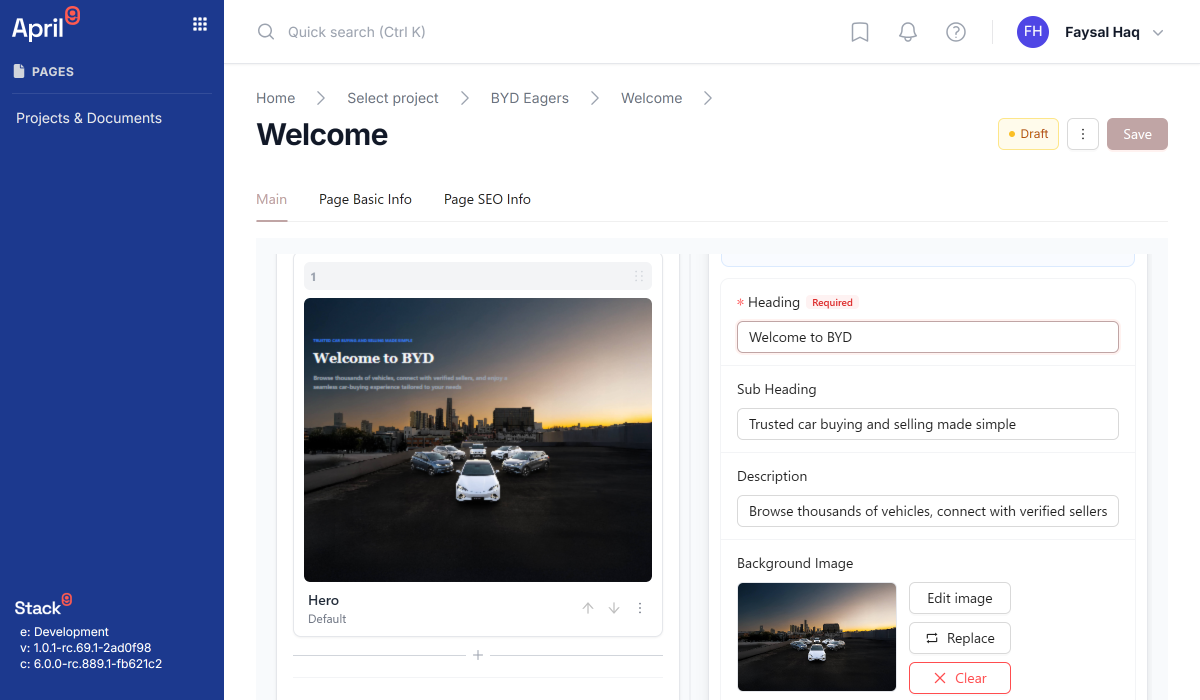 Stack9 Pages document editor — live preview split view showing the slice canvas next to the real-renderer iframe