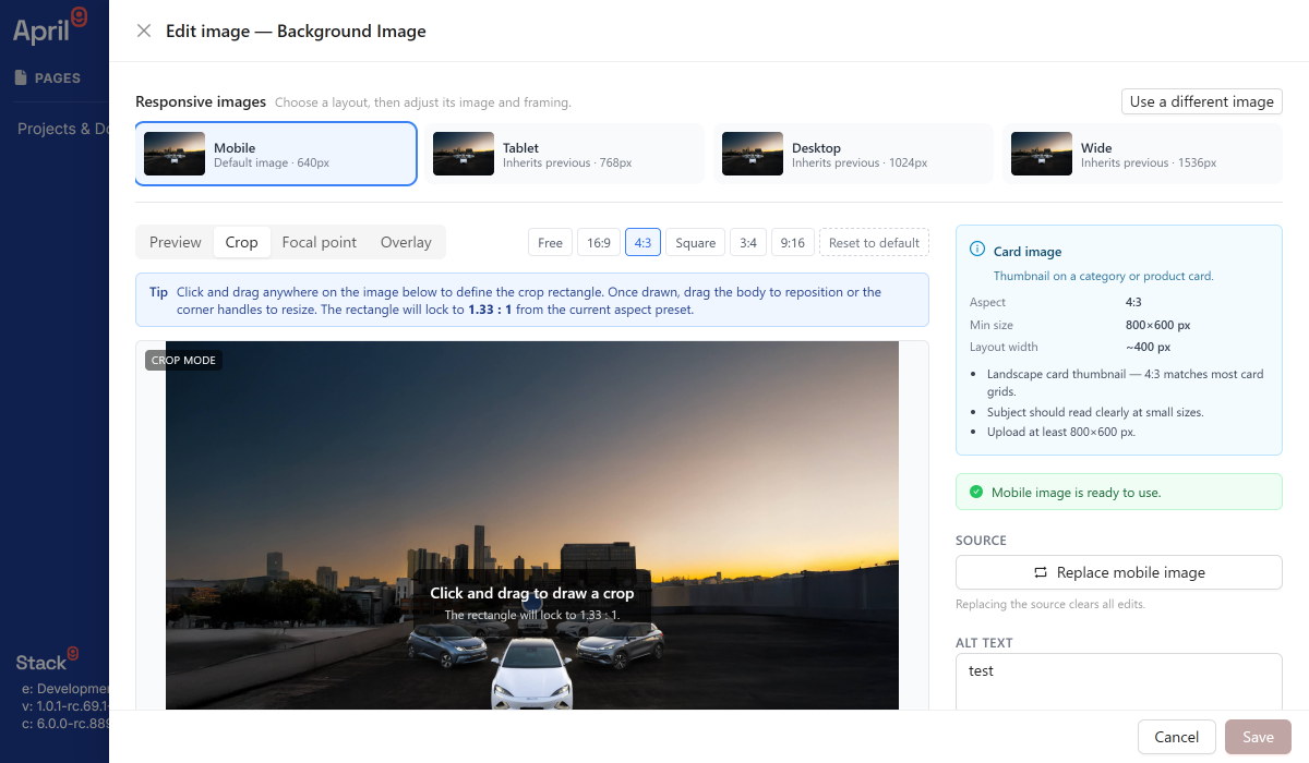 Stack9 Pages — Image Variant picker with per-breakpoint crop, focal point, and zoom controls