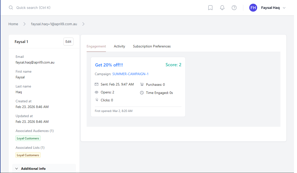 Stack9 subscriber profile view showing core attributes, custom fields, and a chronological engagement timeline