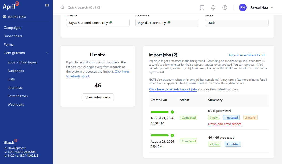 Stack9 subscriber import screen showing CSV field mapping, validation errors, and duplicate detection results