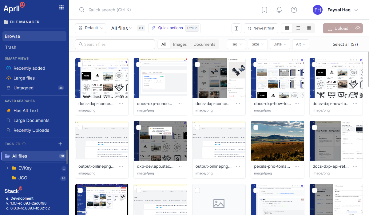 Documents Manager grid view with tag tree sidebar and file thumbnails