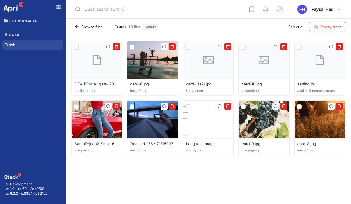 Documents Manager trash view showing soft-deleted files with a restore action