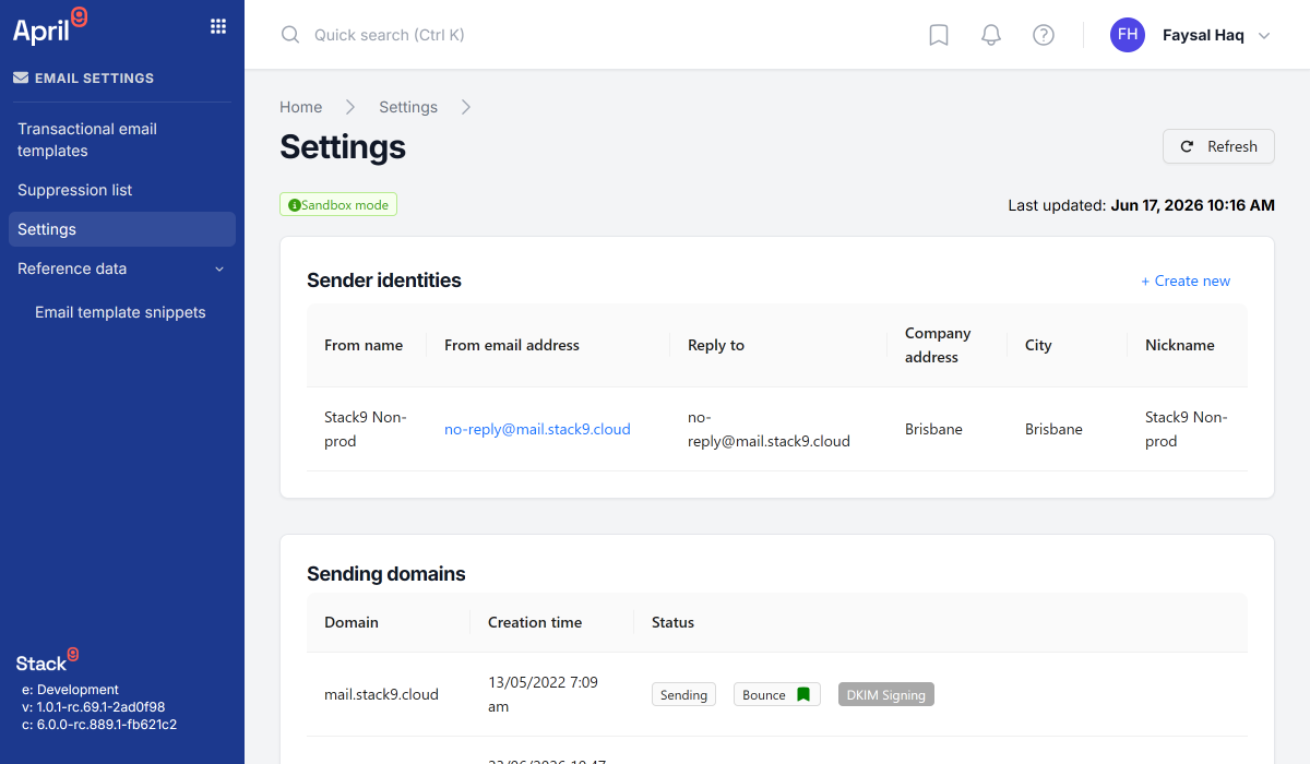Stack9 sending domain verification screen showing SPF, DKIM, and DMARC DNS record status