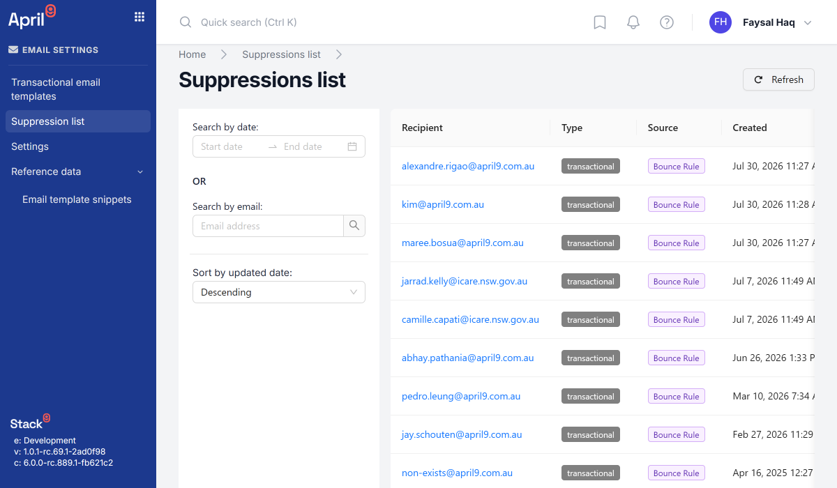 Stack9 suppression list view showing hard bounces, soft bounces, and spam complaints with suppression reason
