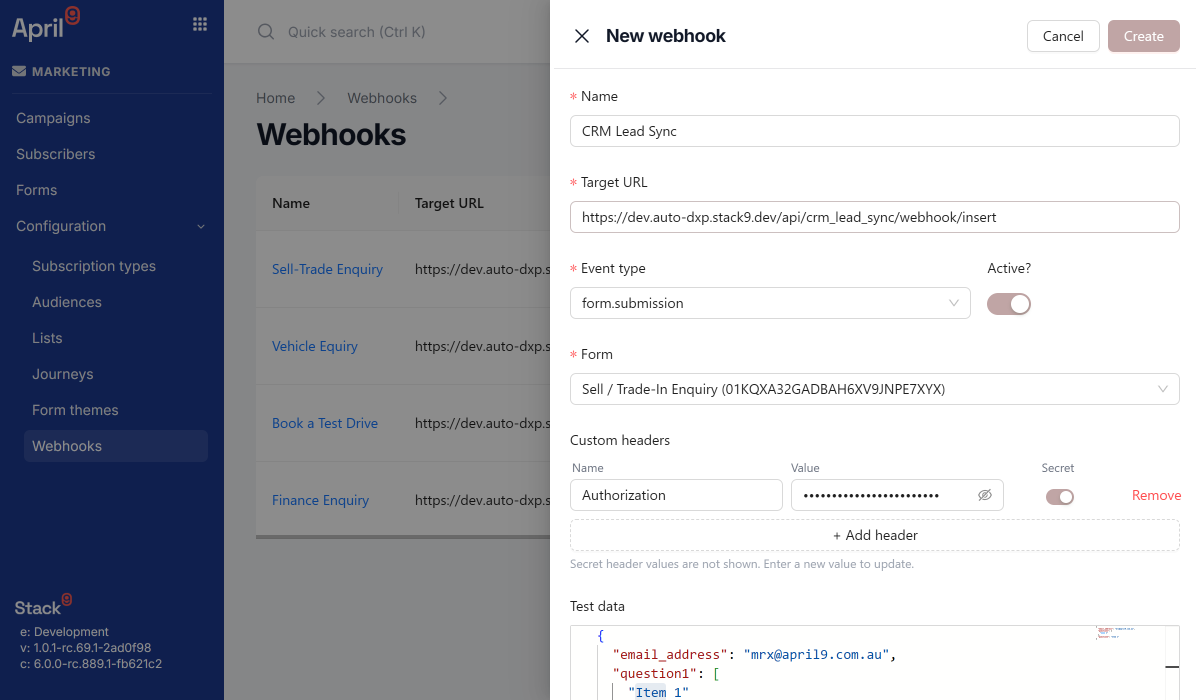 Stack9 DXP — webhook creation drawer showing target URL, form.submission event, and custom header fields