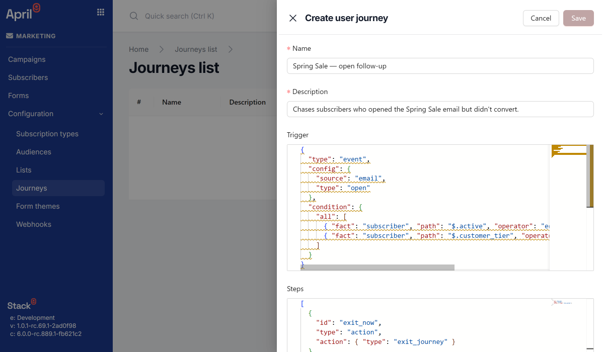 Stack9 journey builder canvas showing a trigger node connected to action, wait, and condition steps