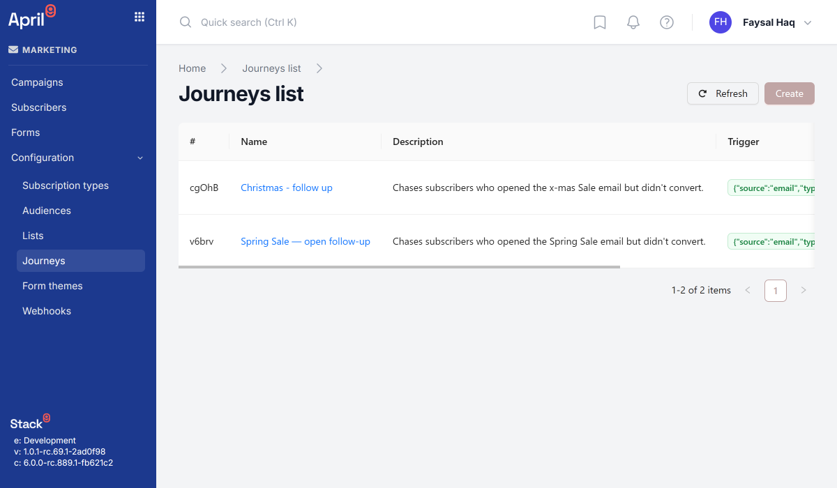 Stack9 journey list view showing journeys with draft, active, paused, and archived status badges