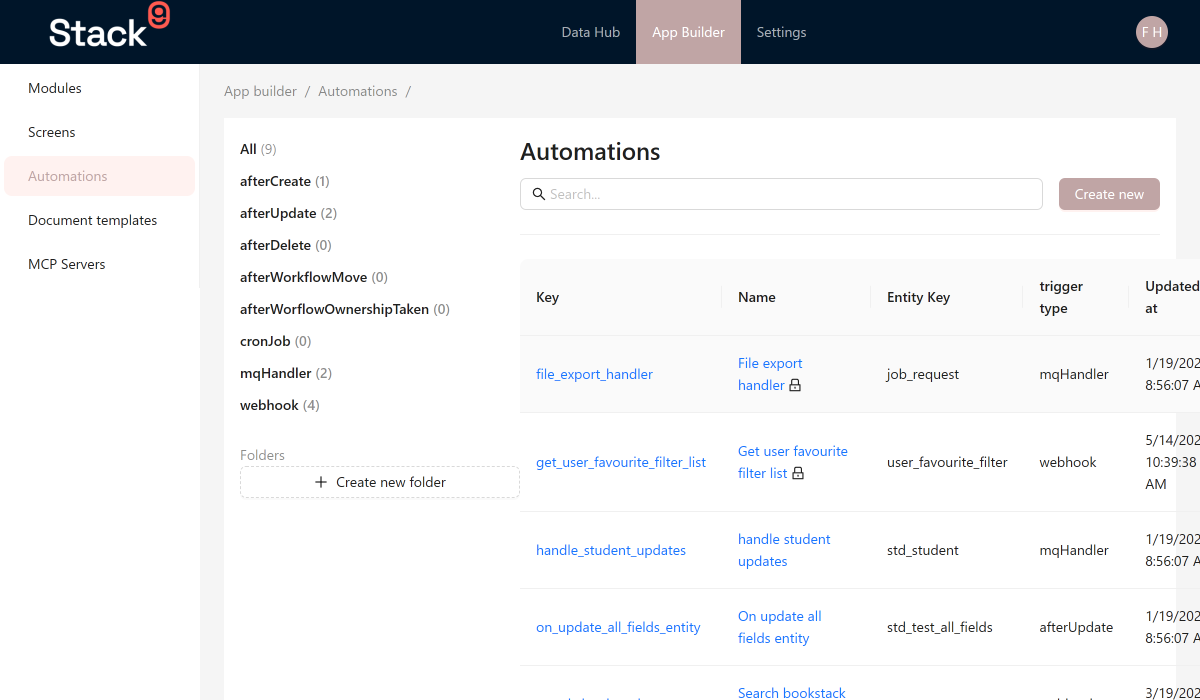 Stack9 Console — Automations list at App Builder → Automations showing triggers and status for each workflow