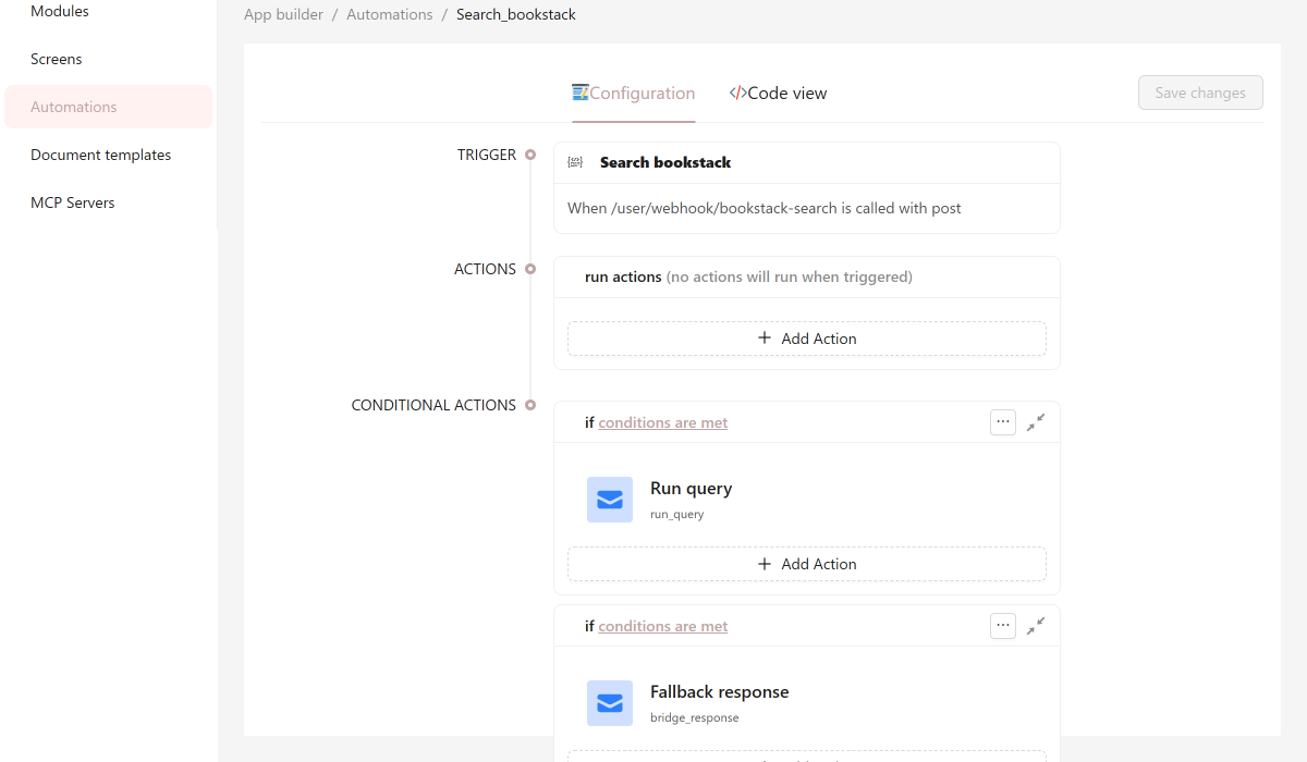 Stack9 Console — Automation detail canvas at App Builder → Automations showing chained actions and conditional branches