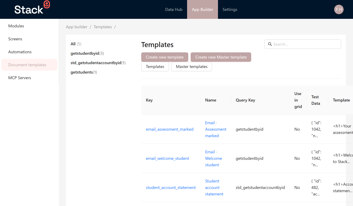 Stack9 Console — Templates list at App Builder → Templates showing document and email templates
