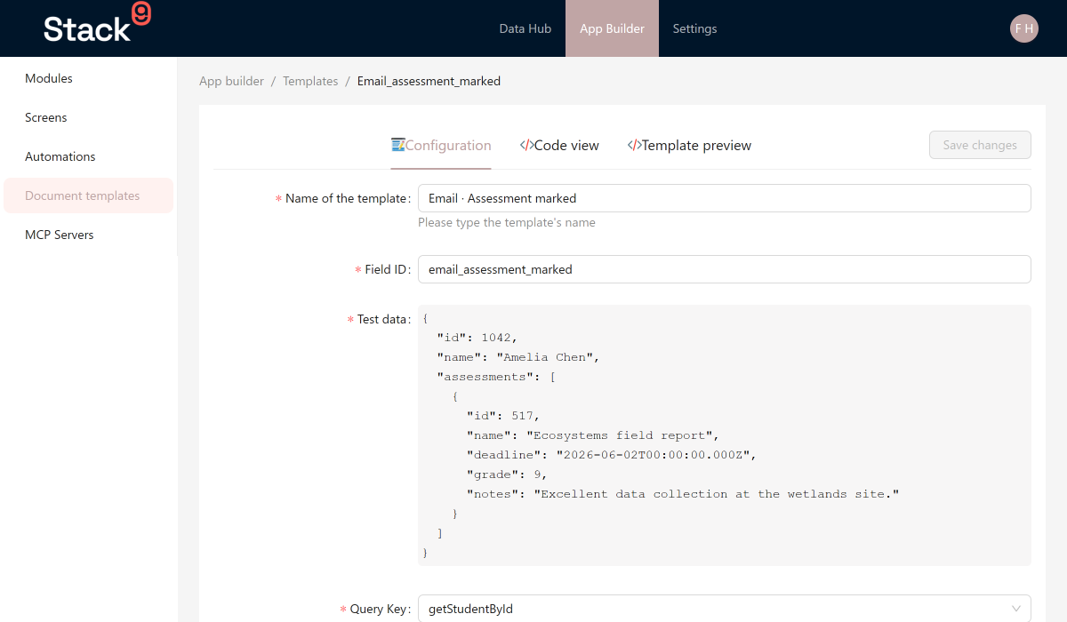 Stack9 Console — Template detail at App Builder → Templates showing the editor for a document template